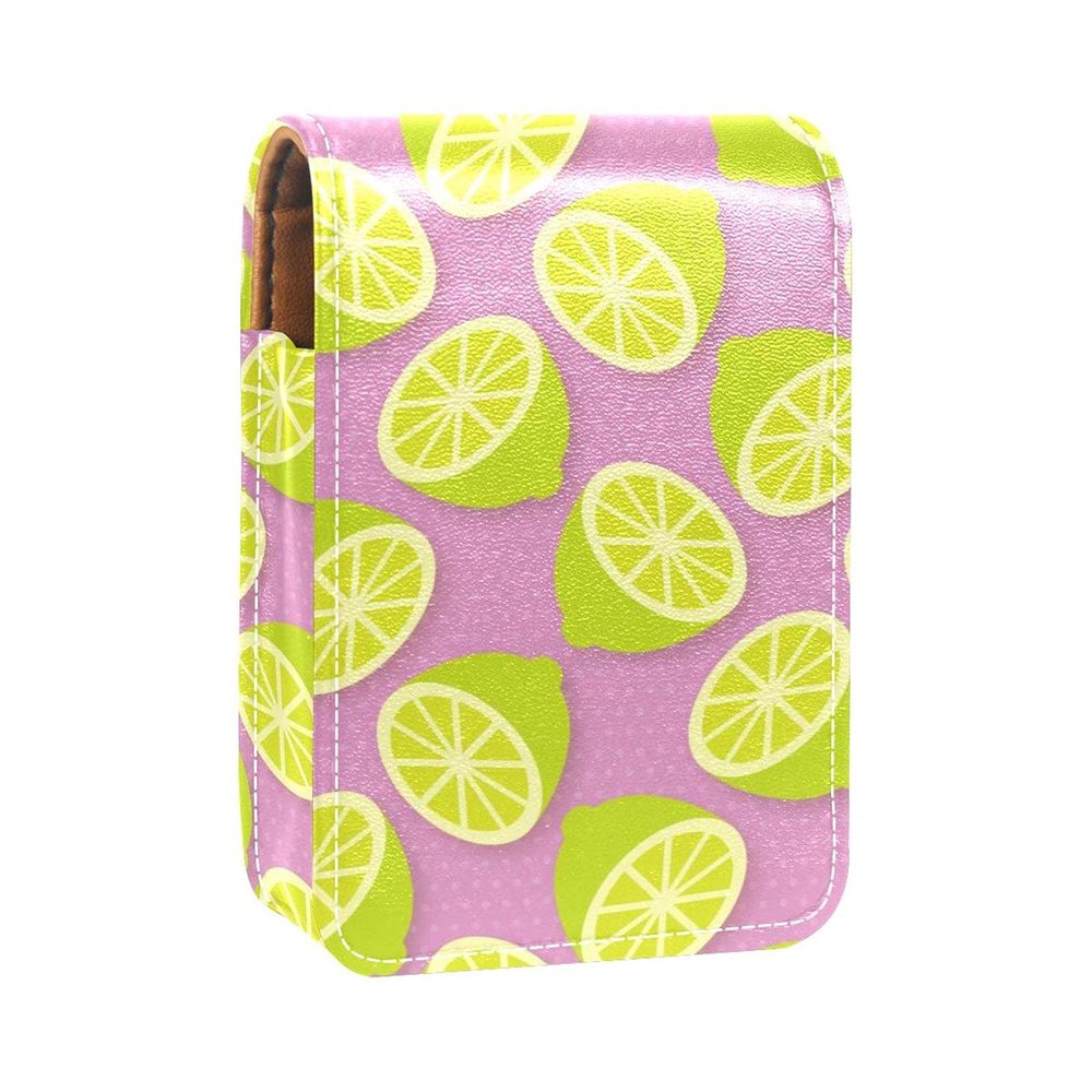 Lipstick Case with Mirror, Lime Green Lemon Pattern, Pink, Holds 3 Lipsticks