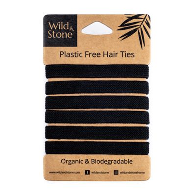 Wild & Stone 6-Pack Biodegradable Plastic-Free Hair Ties, Organic Cotton & Natural Rubber, No-Crease Ponytail Holders (Black)