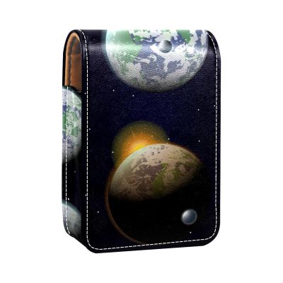Lipstick Case with Mirror, Earth, Lip Gloss Holder, Portable Lipstick Storage Box, Travel Makeup Bag, Mini Leather Cosmetic Case for 3 Lipsticks, Multicolor, 9.5 x 2 x 7 cm / 3.7 x 0.8 x 2.7 in