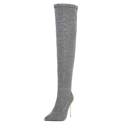 CHICMARK Women's Sexy Over-the-Knee Boots with Stiletto Heel (Silver, 43)