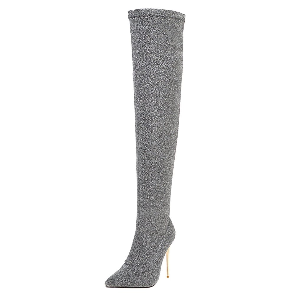 CHICMARK Women's Sexy Over-the-Knee Boots with Stiletto Heel (Silver, 43)