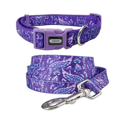 YUDOTE Soft Dog Collar and Leash Set, Medium, Neoprene-Padded, Purple Maple Leaf