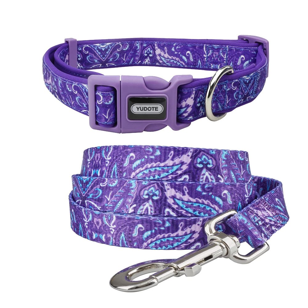 YUDOTE Soft Dog Collar and Leash Set, Medium, Neoprene-Padded, Purple Maple Leaf