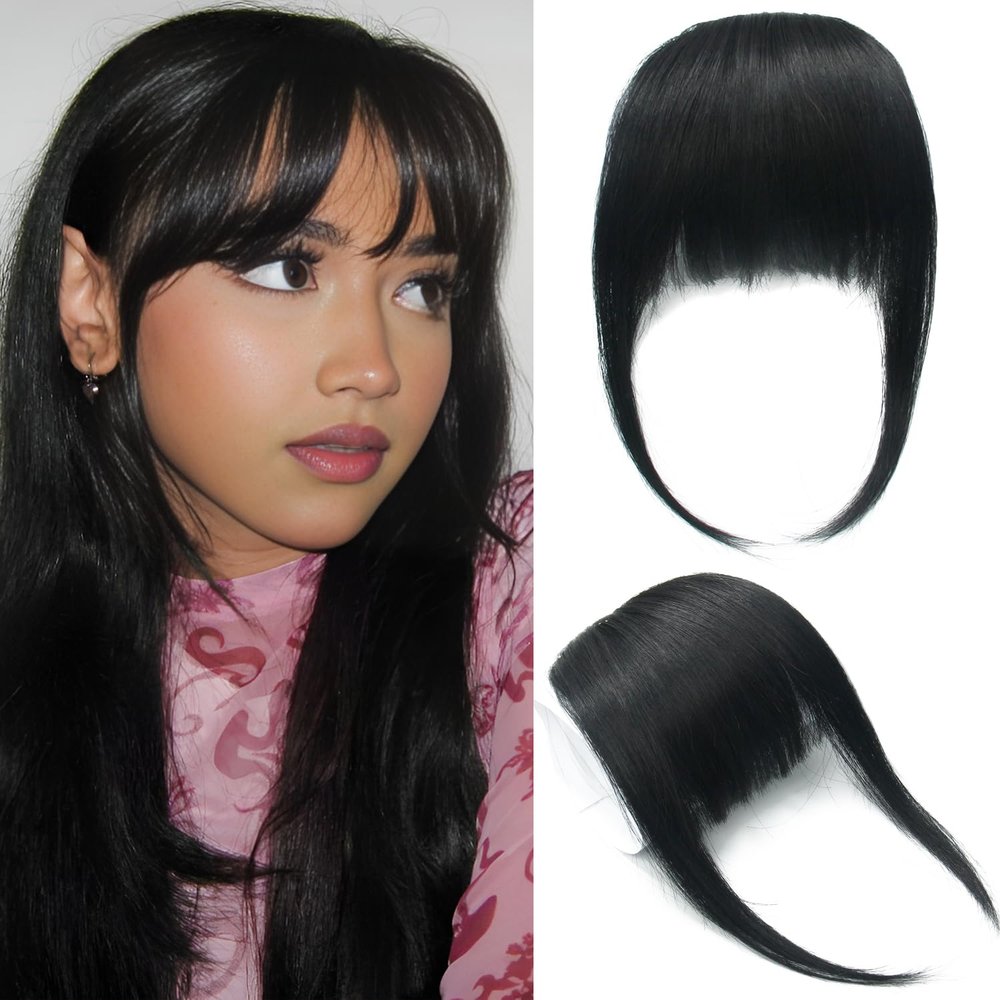 Dsoar Human Hair Clip-In Bangs, Thick Straight Fringe, 1B Black