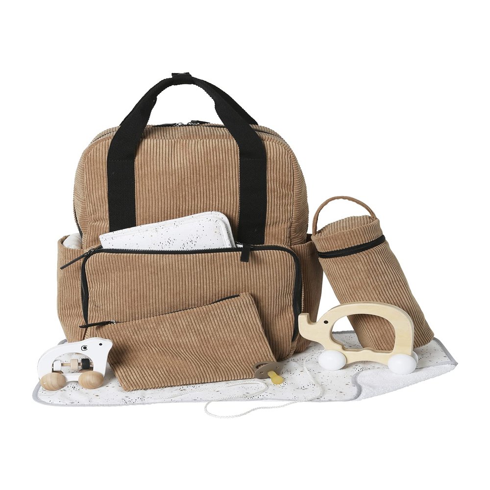 VERTBAUDET Travel Corduroy Diaper Backpack, Hazelnut, One Size