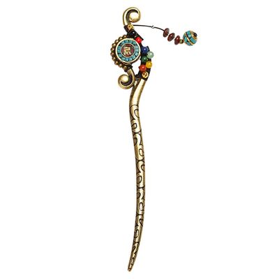 Ethnic-Style Alloy Hair Stick with Tassels, Gold-Colored
