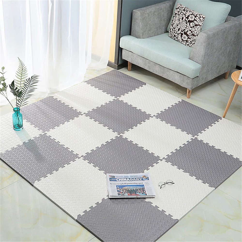 JLCP Kids EVA Foam Play Mat, 50 x 50 cm, 1.6 cm Thick, Interlocking Puzzle Tiles, White + Gray, 4-Pack