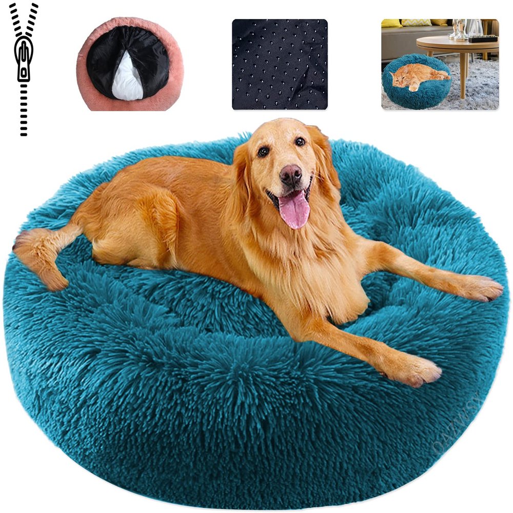 Fluffy Washable Round Dog Bed with Plush Pet Cushion