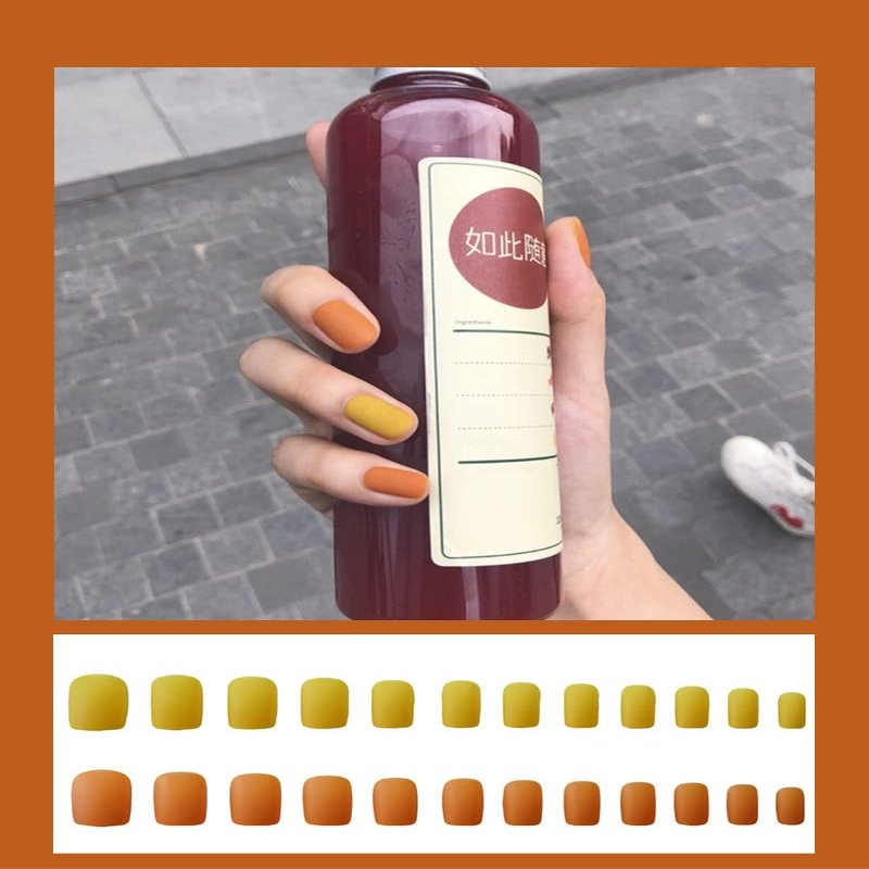 Short Artificial Nail Tips, Dark Coffee, Orange and Yellow Matte, Round Ballet Style, 24 Pieces