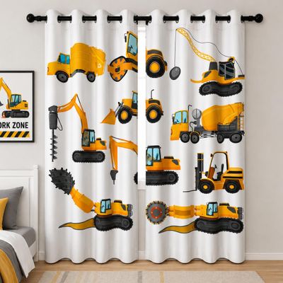 YONGFOTO Excavator Blackout Curtains for Boys' Room, Yellow Vehicle