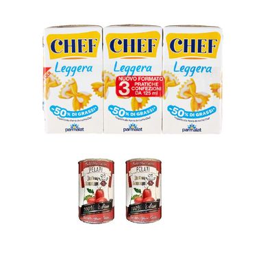 Parmalat Panna Chef Leggera Light Cooking Cream, 3 x 125 ml + Italian Gourmet 100% Italian Peeled Tomatoes, 2 x 400 g