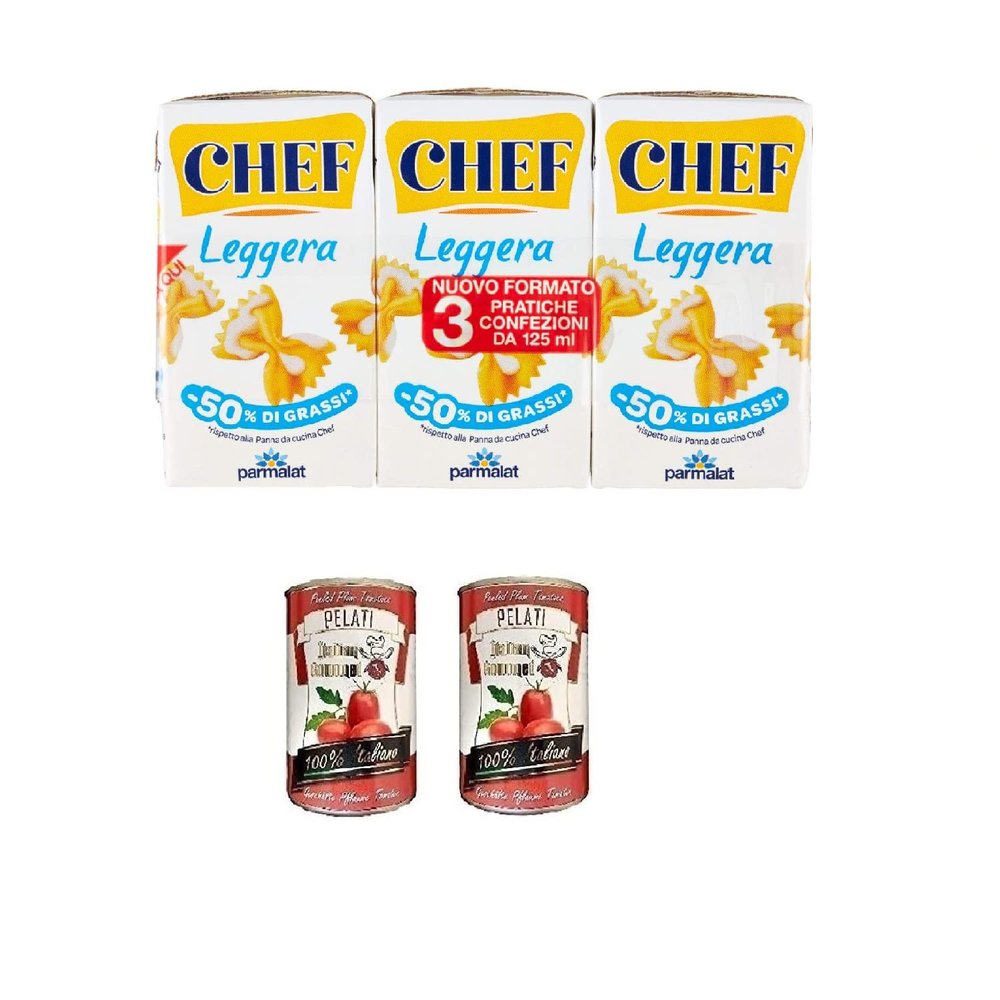 Parmalat Panna Chef Leggera Light Cooking Cream, 3 x 125 ml + Italian Gourmet 100% Italian Peeled Tomatoes, 2 x 400 g