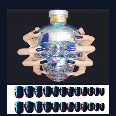 Blue-Purple Gradient Mirror Press-On False Nails, Glossy Punk Style, 24 Pieces, Short Nail Tips