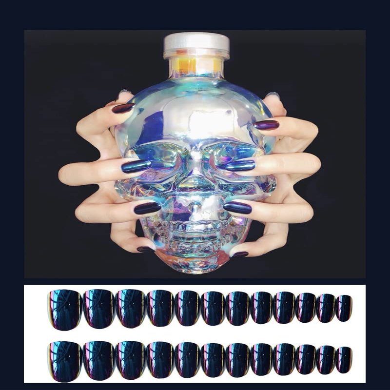 Blue-Purple Gradient Mirror Press-On False Nails, Glossy Punk Style, 24 Pieces, Short Nail Tips