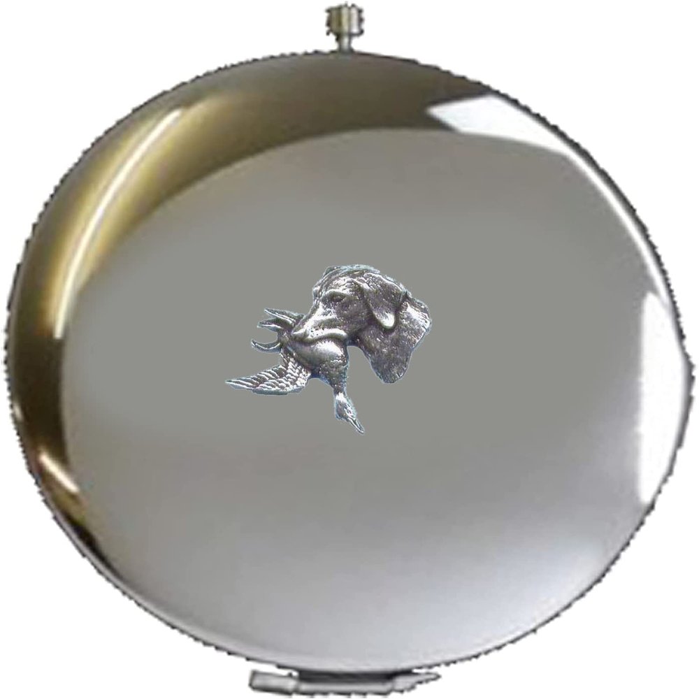 A25 Round Pocket Mirror with Labrador and Duck, Fine English Pewter, Chrome-Plated