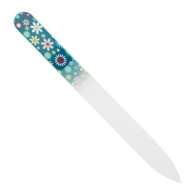 Double-Sided Glass Nail File, Etched Tempered Glass, Light Blue Flowers