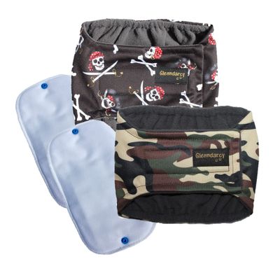Glenndarcy Male Dog Belly Bands, Urinary Incontinence, 2-Pack, Size S, Pirate & Camouflage Patterns