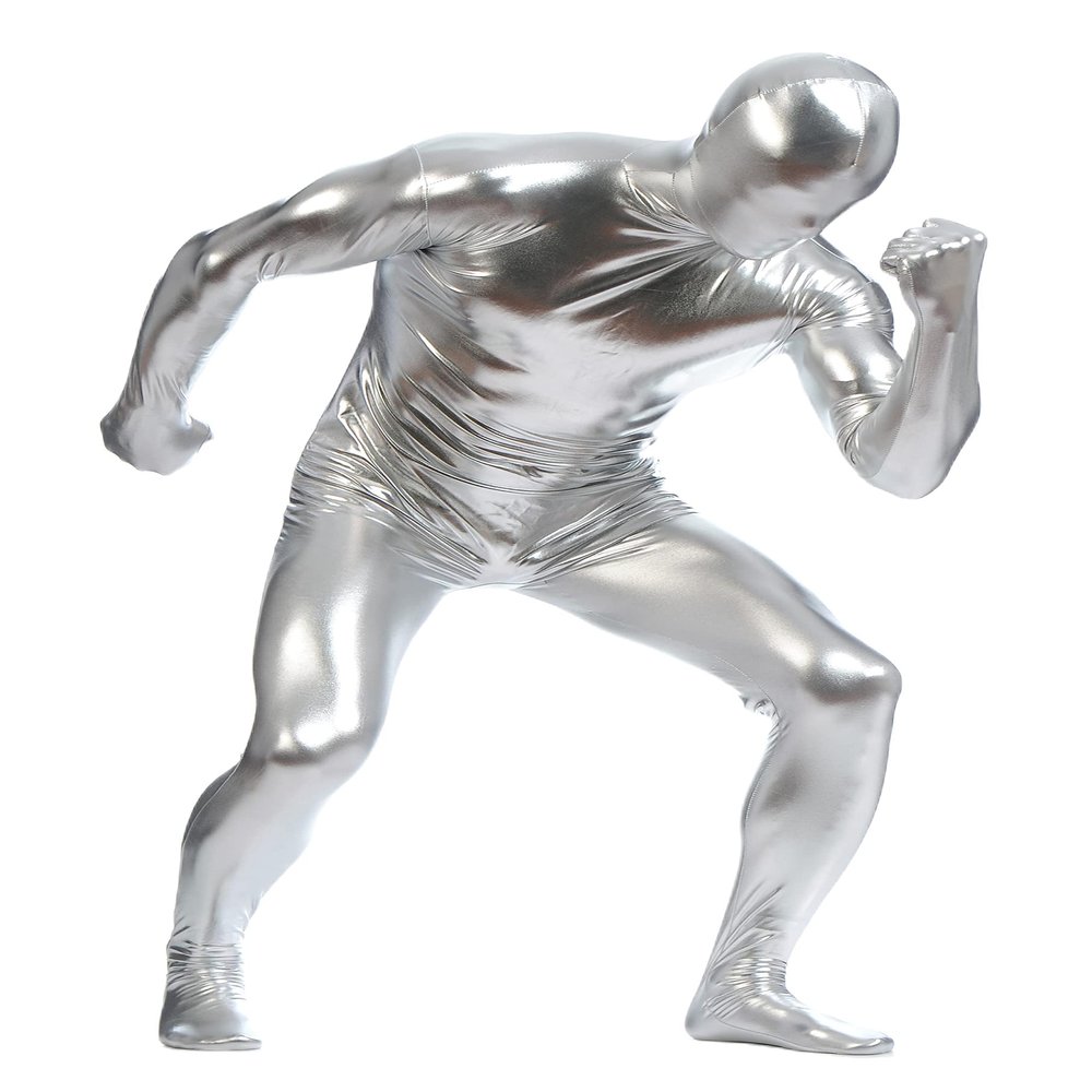Aniler Unisex Metallic Shiny Zipper Zentai Stretch Costume, Cosplay Full Body (X-Large, Silver)