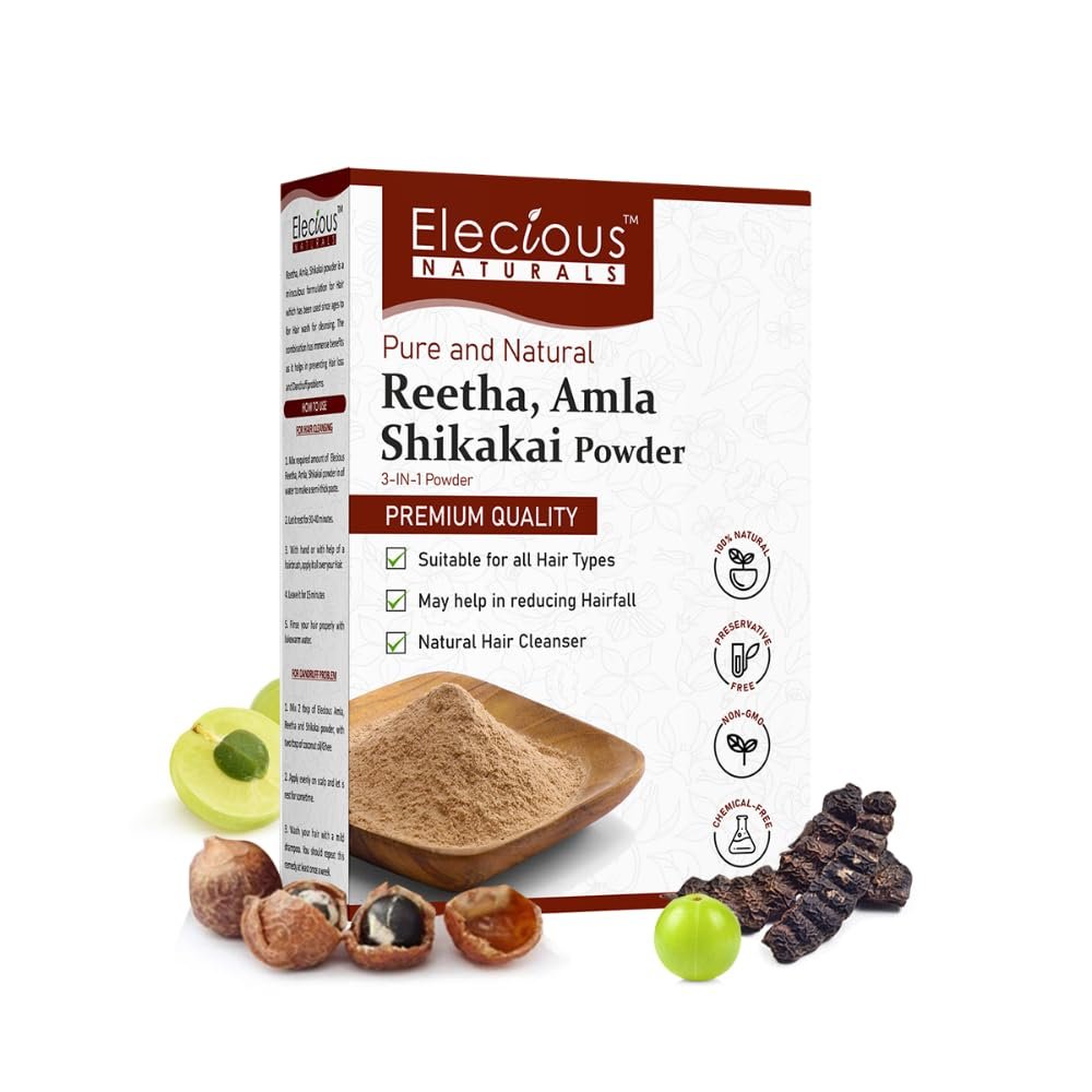 Elecious Naturals Amla, Reetha & Shikakai Hair Powder, 3-in-1 Natural Hair Cleanser, 100% Natural, Chemical-Free, Preservative-Free, SLS- and Paraben-Free, Ready to Use