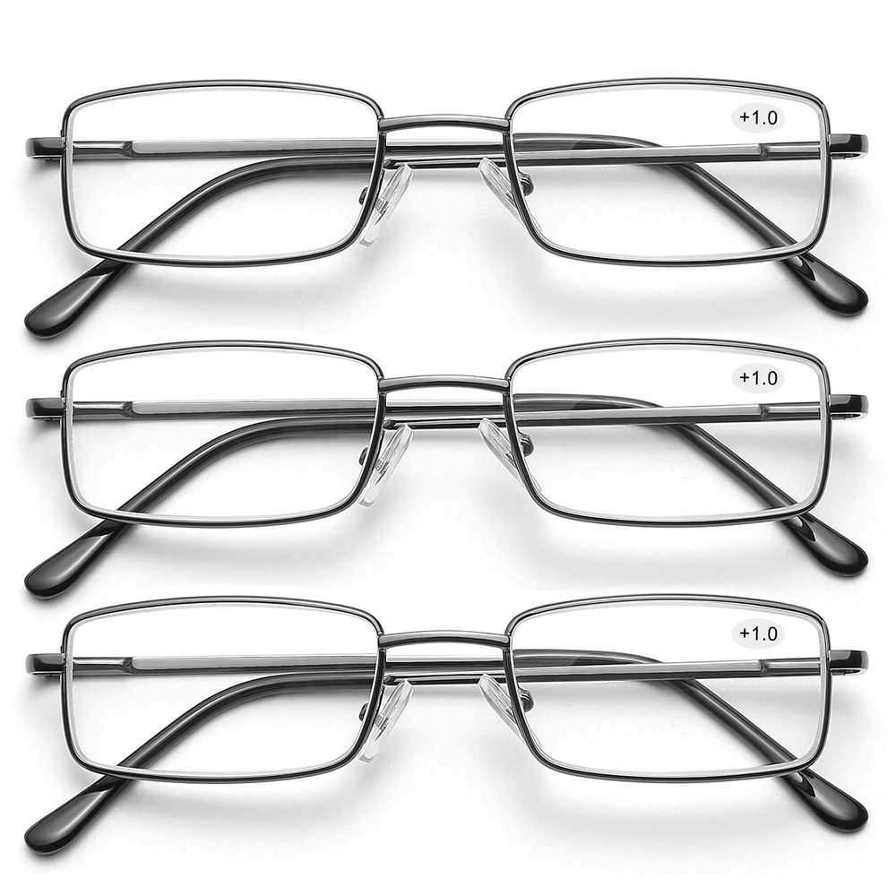 SKYWAY 3-Pack Reading Glasses for Men, Metal Frame Blue-Light-Blocking Glasses, Lightweight Anti-Glare Computer Readers (Gray, 1.5)