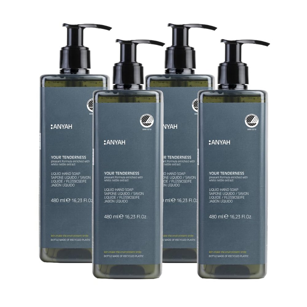 ANYAH Liquid Hand Soap, 4 x 480 ml, Gentle Daily Use, White Nettle Extract, Vegan, Nordic Ecolabel, 100% Recycled Bottles, Non-Refillable