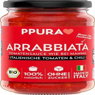 PPURA Organic Arrabbiata Tomato Sauce with Chili, Vegan, No Added Sugar, 340 g Jar