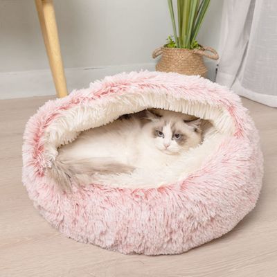 50 cm Pink Plush Donut Cat Bed with Hooded Cave
