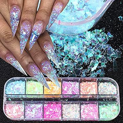 CHANGAR Mermaid Flake Nail Glitter Sequins, Iridescent Holographic Nail Art Decorations