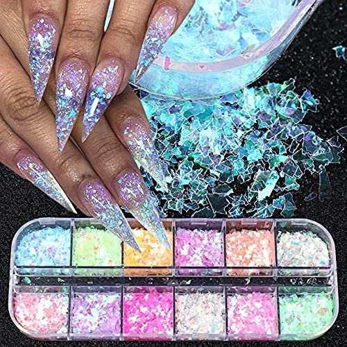 CHANGAR Mermaid Flake Nail Glitter Sequins, Iridescent Holographic Nail Art Decorations