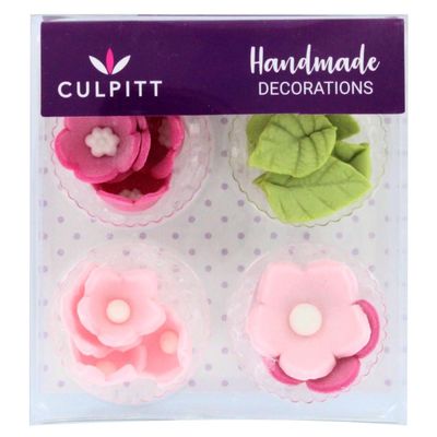 Pink Sugar Flowers & Leaves – 16-Pack