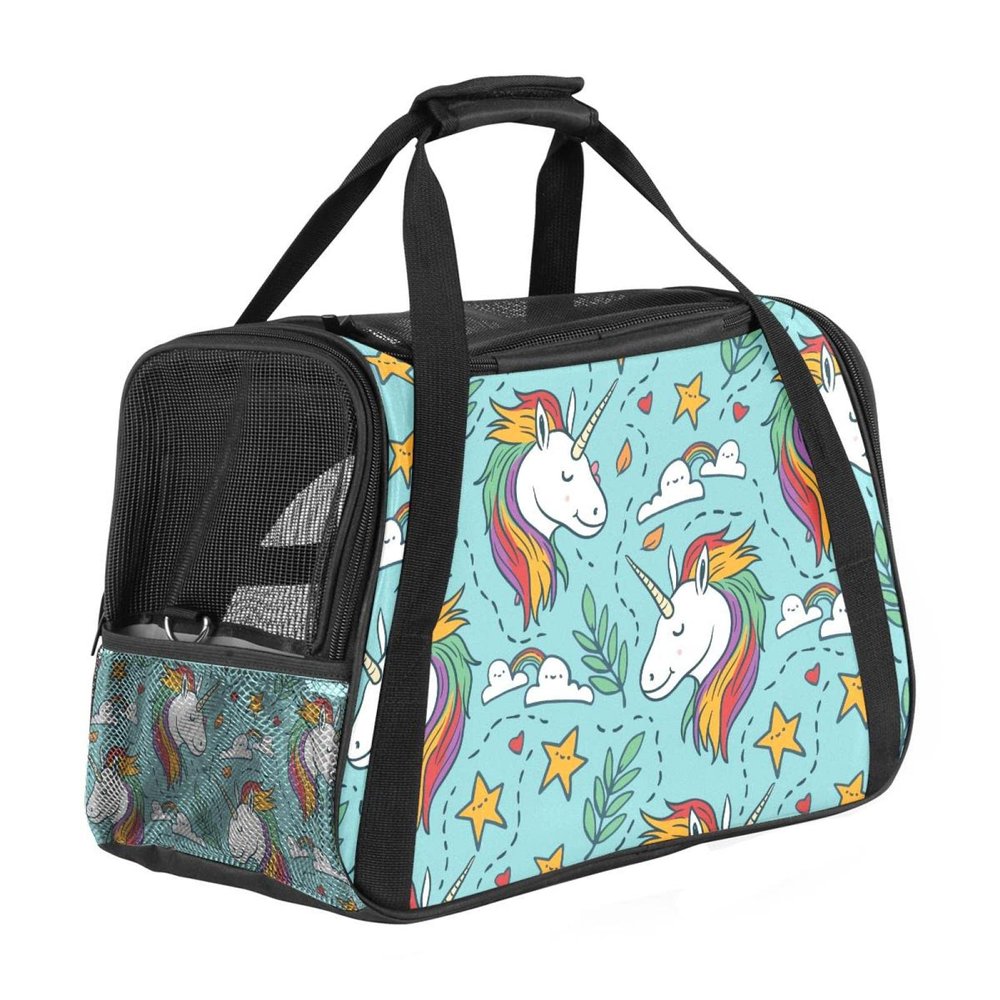 Pet Carrier Bag with Colorful Unicorn Heads, Soft Sides, Foldable