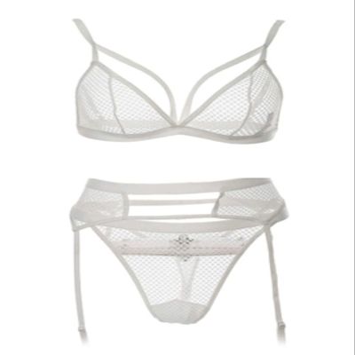 Awake Lingerie Muse 3-Piece Sexy Lingerie Set, Push-Up Bra, Thong and Garters, White, L