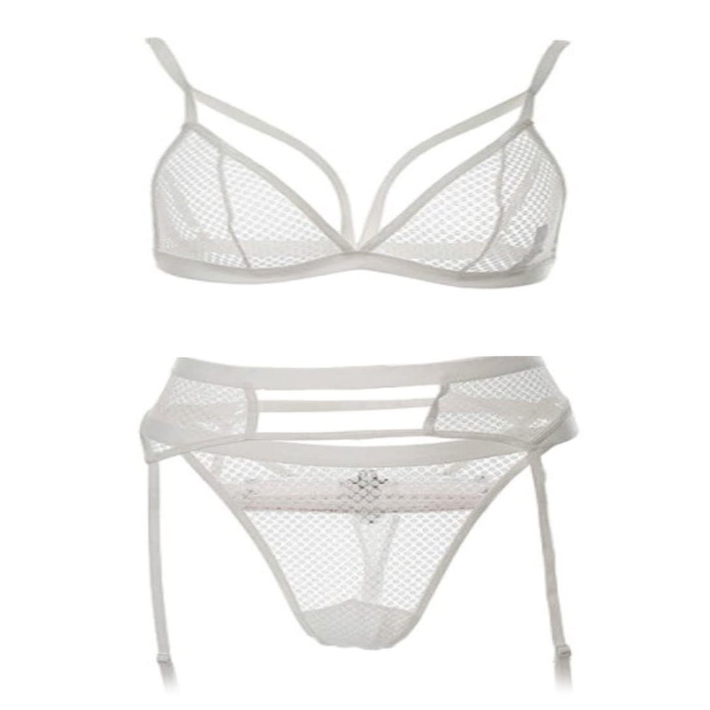 Awake Lingerie Muse 3-Piece Sexy Lingerie Set, Push-Up Bra, Thong and Garters, White, L