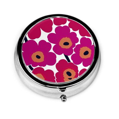 Red Flower Pill Case for Purse, Cute Small Round Travel Pill Organizer