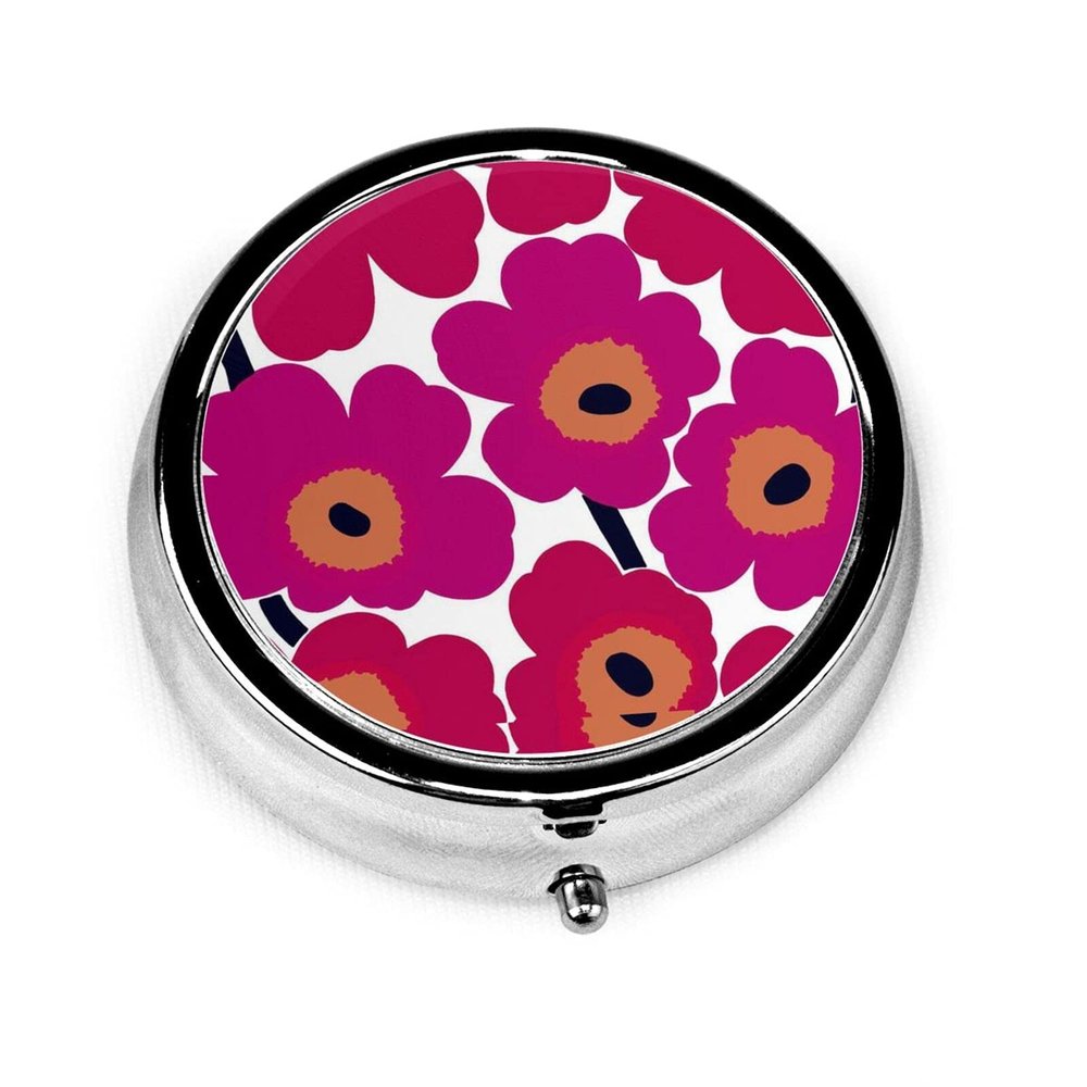 Red Flower Pill Case for Purse, Cute Small Round Travel Pill Organizer