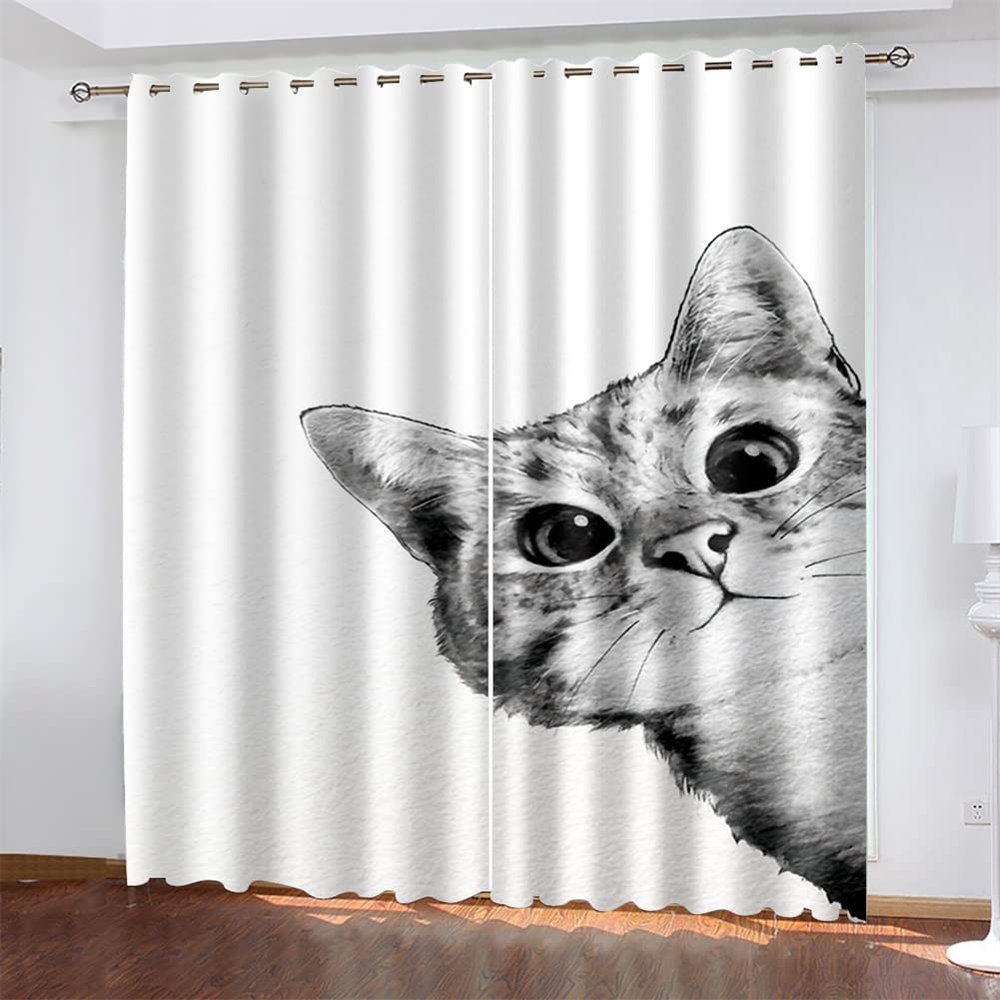 Blackout Curtains with Grommets, Treer 3D Pattern, 2-Piece Set, White Cat, W132 x L160 cm