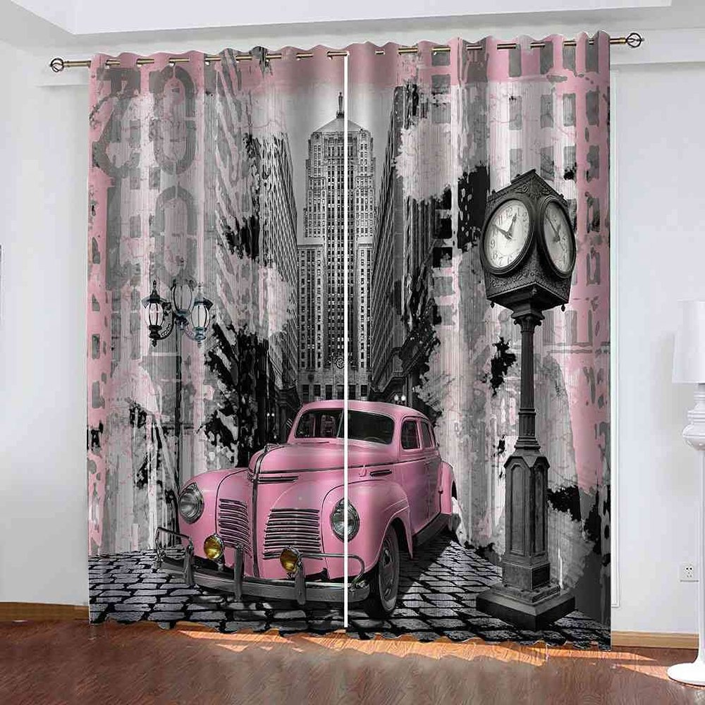 KQDMYT Blackout Thermal Curtains with Eyelets, Pink City Car Design, 170 x 200 cm, 2-Piece Set