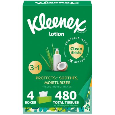 Kleenex Soothing Lotion Facial Tissues with Coconut Oil, Aloe & Vitamin E, 3-Ply, 4 Flat Boxes, 120 Tissues per Box (480 Tissues Total), White, 54295