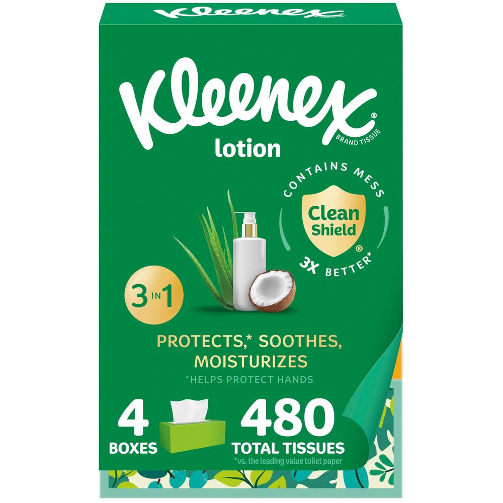Kleenex Soothing Lotion Facial Tissues with Coconut Oil, Aloe & Vitamin E, 3-Ply, 4 Flat Boxes, 120 Tissues per Box (480 Tissues Total), White, 54295