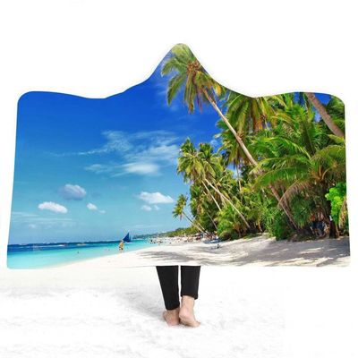 Hooded Blanket, Double Plush, 3D Digital Print, Beach Coconut Palm and Blue Sky, 130 x 150 cm