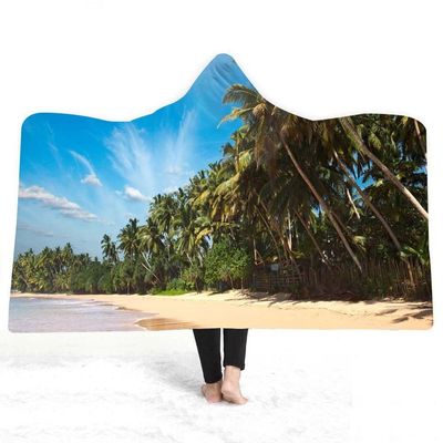 Hooded Blanket, 3D Beach Coconut Palm Print, Double-Plush, 130 x 150 cm