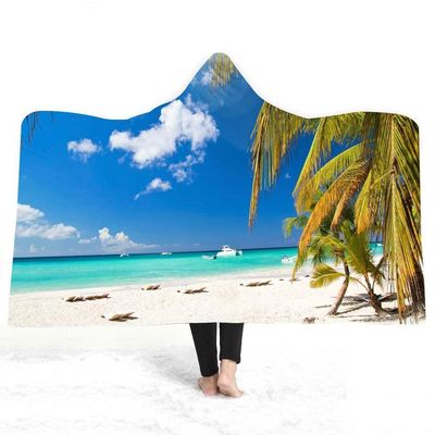 Hooded Blanket, Wearable Throw, 3D Digital Print, Beach Coconut Palm and Blue Sky, Thick Double-Plush, 130 × 150 cm