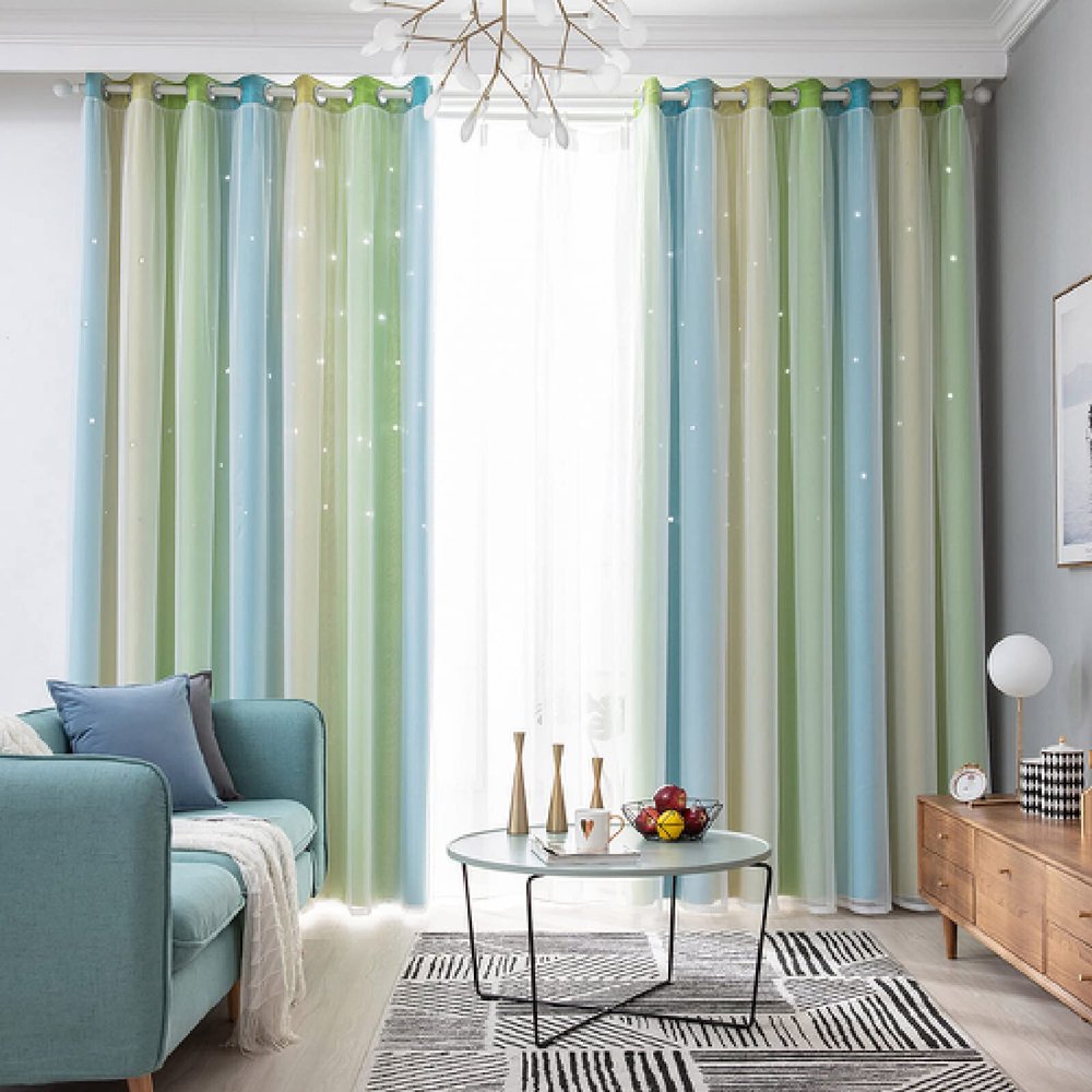 Children's Star Blackout Curtain, Yellow and Blue Rainbow Rods, 240 x 120 cm