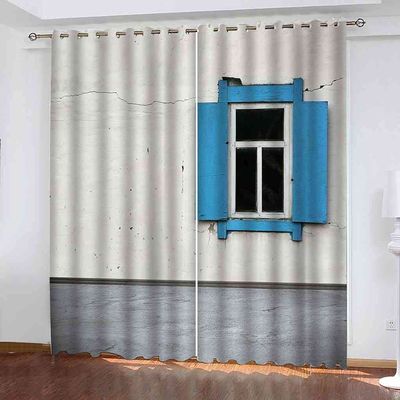 KQDMYT Blackout Curtains, Retro House Blue Window Design, 183 x 214 cm