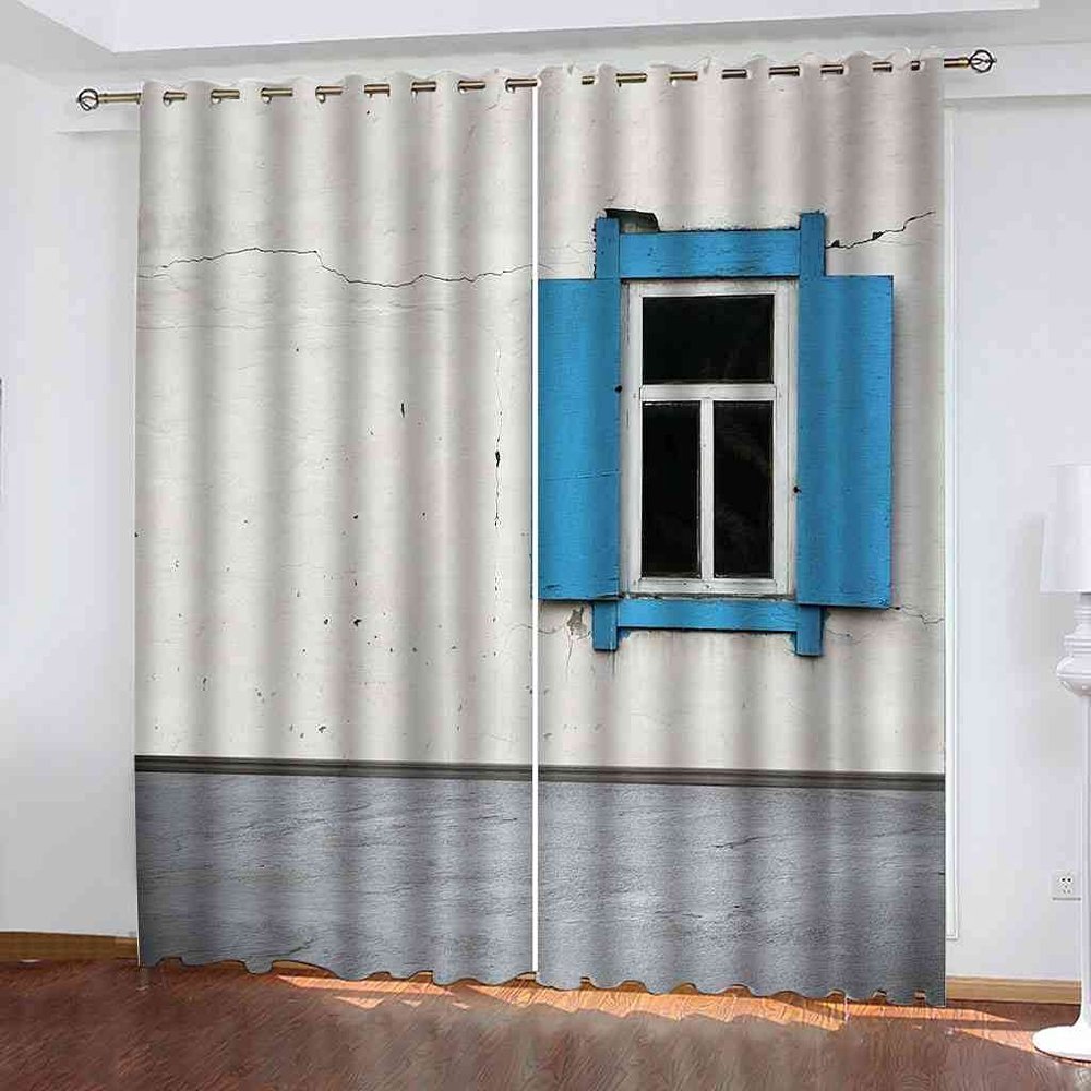KQDMYT Blackout Curtains, Retro House Blue Window Design, 183 x 214 cm