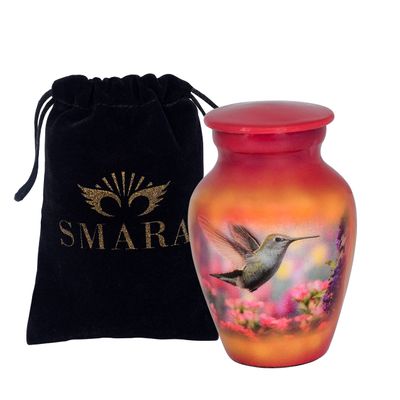 SMARA Cremation Urn for Human Ashes with Velvet Bag, Keepsake Memorial Urn, Hummingbird (Red)