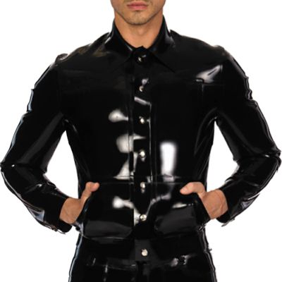 MCWJ Black Sexy Short Latex Jacket with Buttons, Front Pockets and Turn-Down Collar, Transparent Green, S