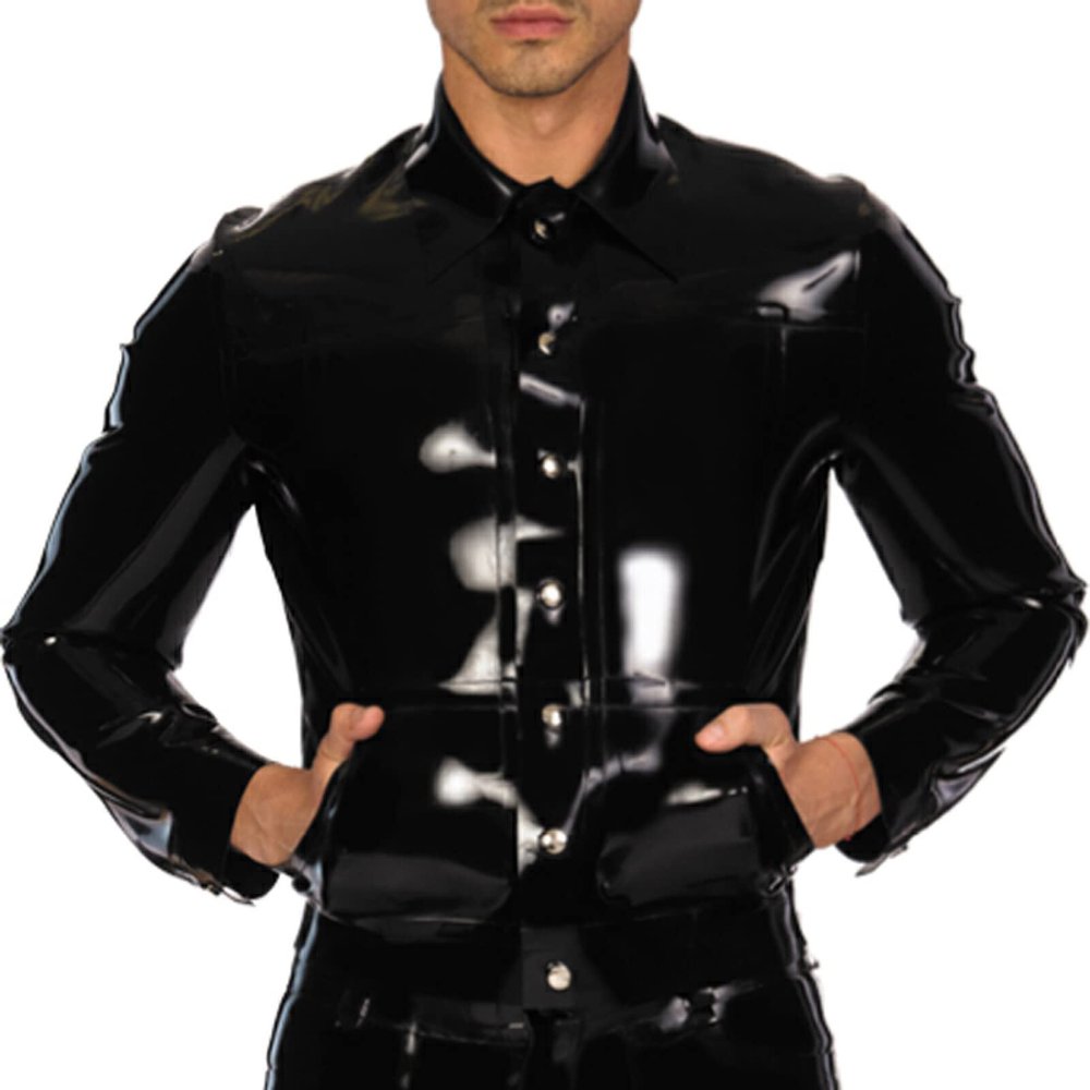 MCWJ Black Sexy Short Latex Jacket with Buttons, Front Pockets and Turn-Down Collar, Transparent Green, S