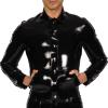 MCWJ Black Sexy Short Latex Jacket with Buttons, Front Pockets and Turn-Down Collar, Transparent Green, S view 1
