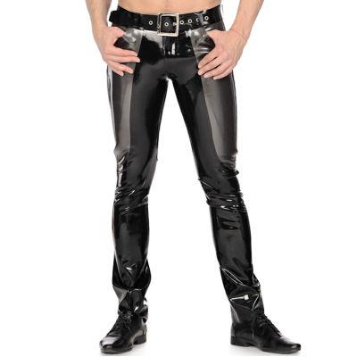 MCWJ Latex Pants with Zipper, Buttons and Pockets, Silver with Orange, Size L